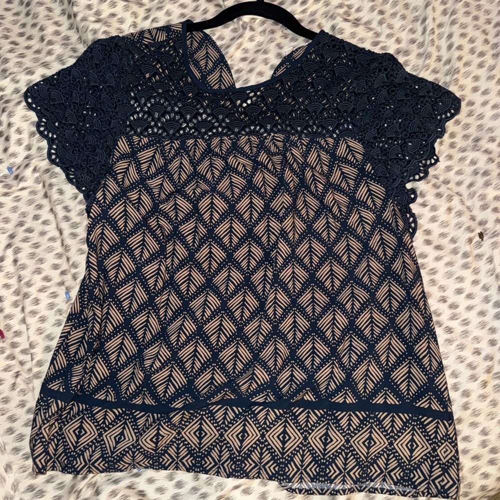 DR2 Navy and Cream Crochet Women's Blouse